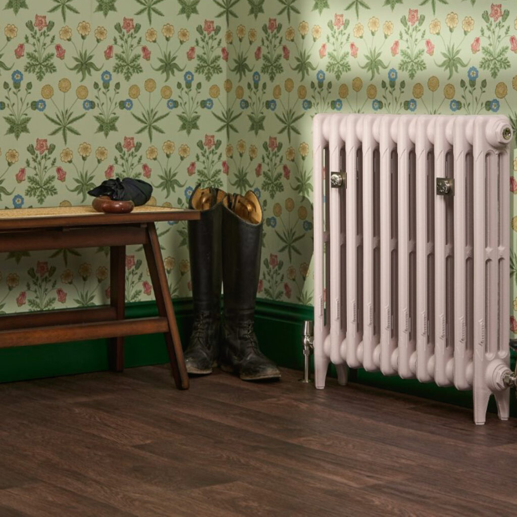 Cast iron radiator in Little Greene paint dorchester pink