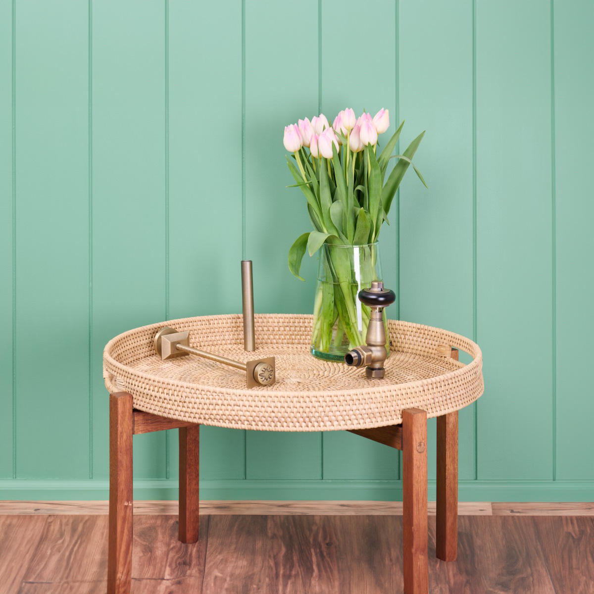 Brassware Sample in a Natural Brass finish with Windsor Angled TRV and Whitworth Wall Stay