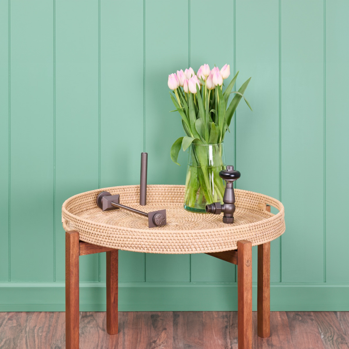 Brassware Sample in a Natural Pewter finish with Windsor Angled TRV and Whitworth Wall Stay