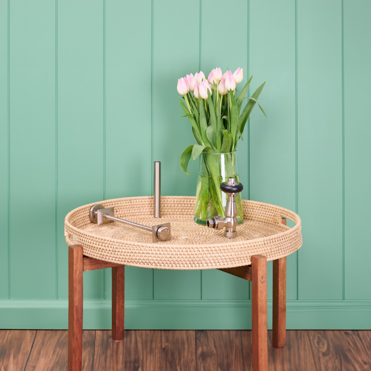 Brassware Sample in a Satin Nickel finish with Windsor Angled TRV and Whitworth Wall Stay