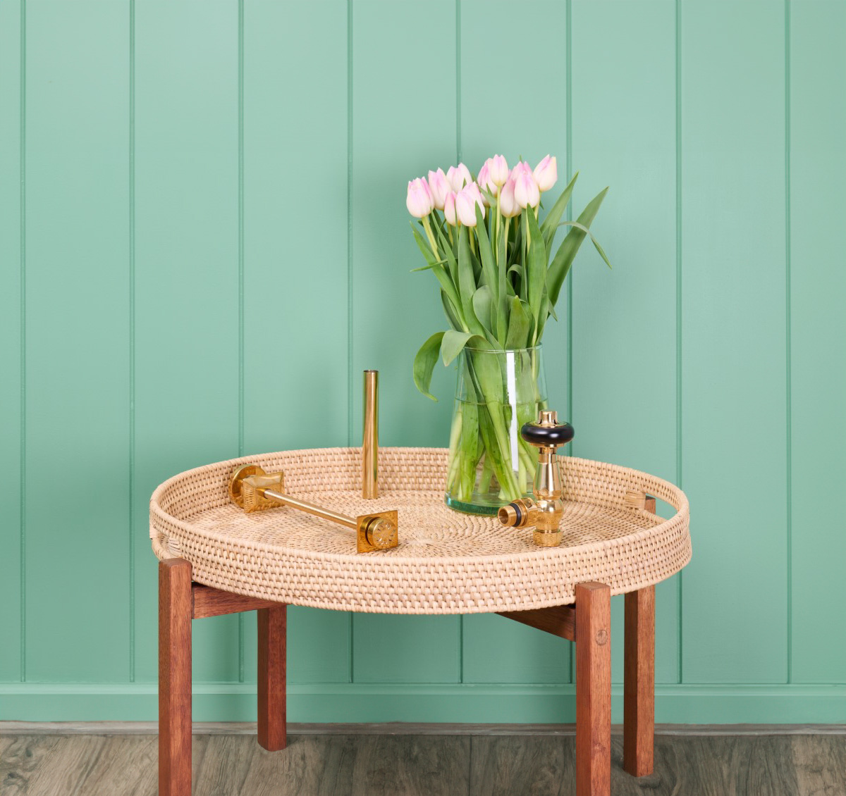 Brassware Sample in an Unlacquered Brass finish with Windsor Angled TRV and Whitworth Wall Stay