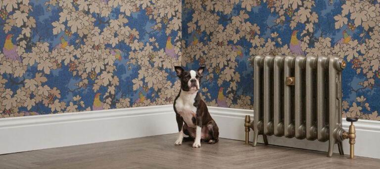 Cast iron radiator with Farrow and Ball wallpaper