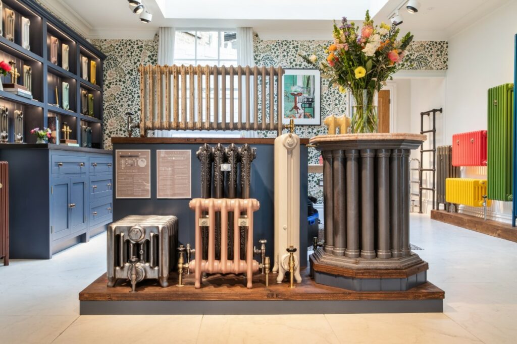 The Old Radiator Company display of victorian cast iron radiators at Castrads Fulham Road