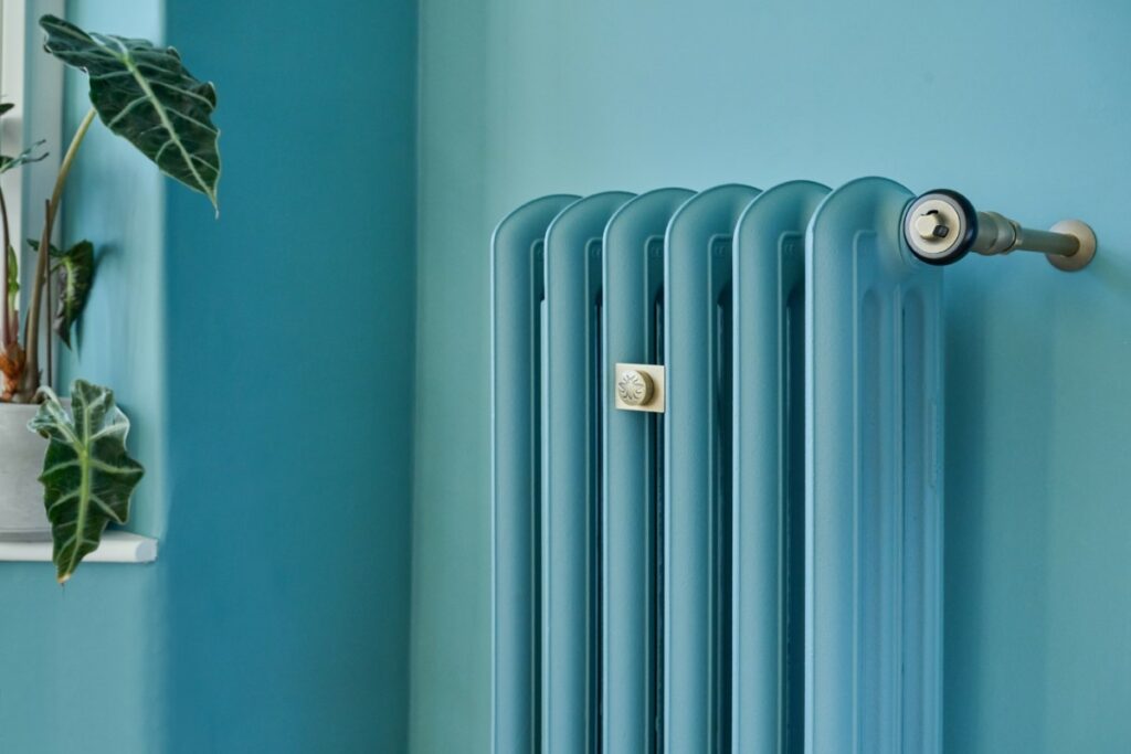 Windsor Angled TRV in a Natural Brass finish installed on an Emmeline III in Paint & Paper Library Bluegum