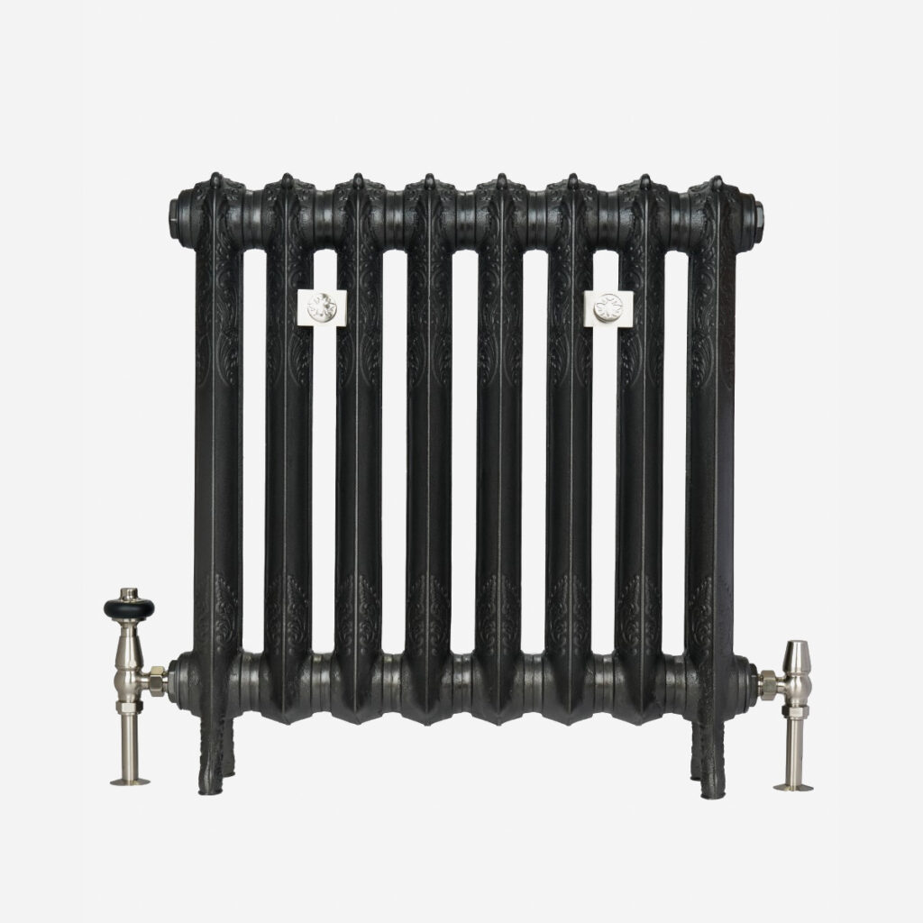 Rococo I cast iron radiator in Black Iron with Satin Nickel accessories