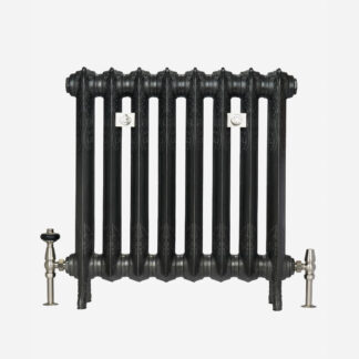 Rococo I cast iron radiator in Black Iron with Satin Nickel accessories