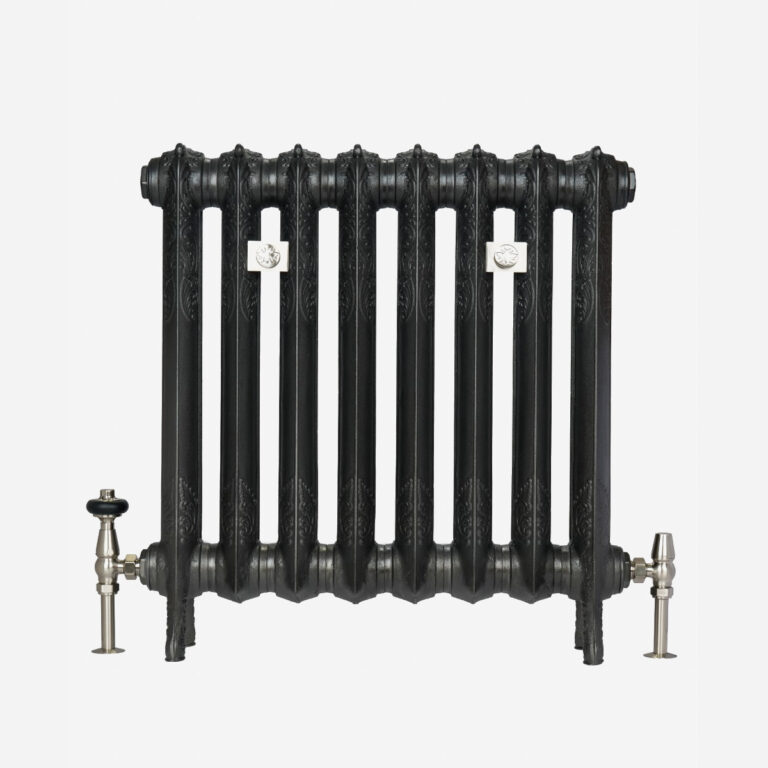 Rococo I cast iron radiator in Black Iron with Satin Nickel accessories