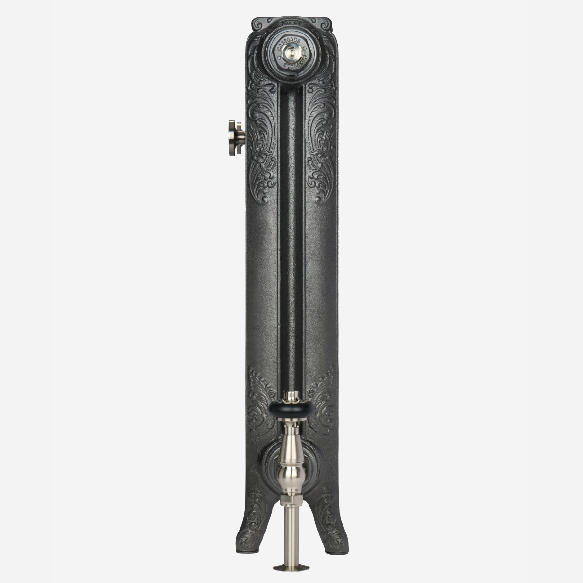 Rococo I cast iron radiator in Black Iron with Satin Nickel accessories - valve side view