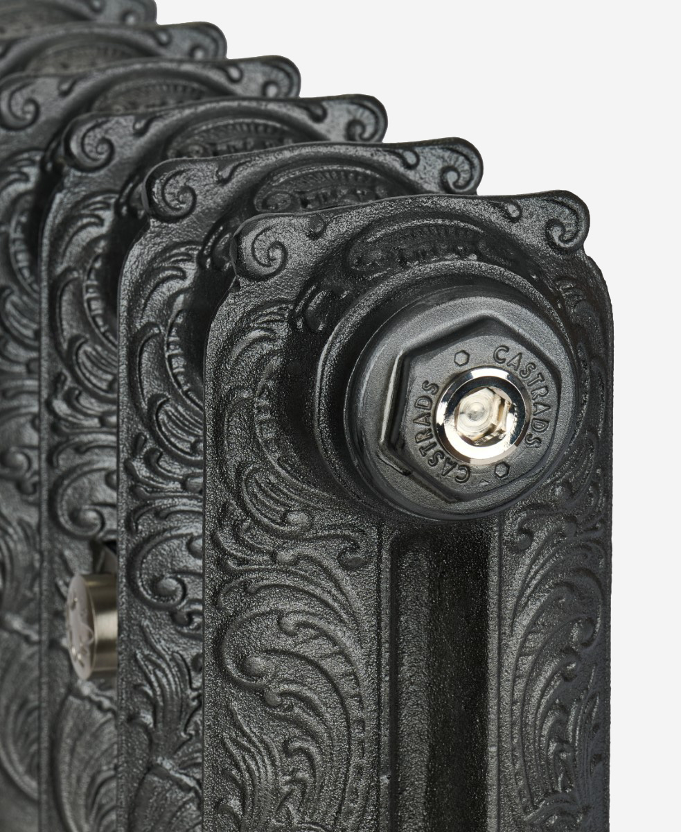 Rococo I cast iron radiator in Black Iron with Satin Nickel accessories - blanking plug view