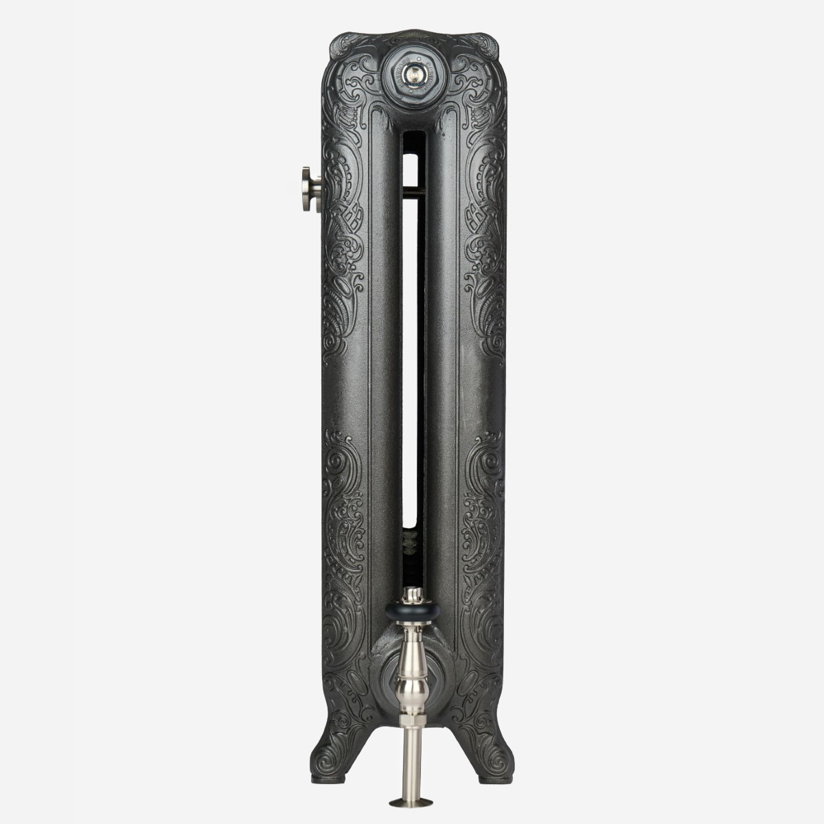 Rococo II cast iron radiator in Black Iron with Satin Nickel accessories - valve side view