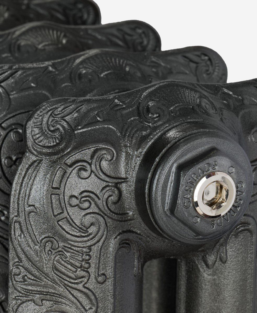 Rococo II cast iron radiator in Black Iron with Satin Nickel accessories - blanking plug view