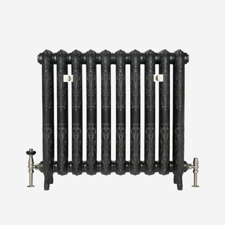 Rococo II cast iron radiator in Black Iron with Satin Nickel accessories